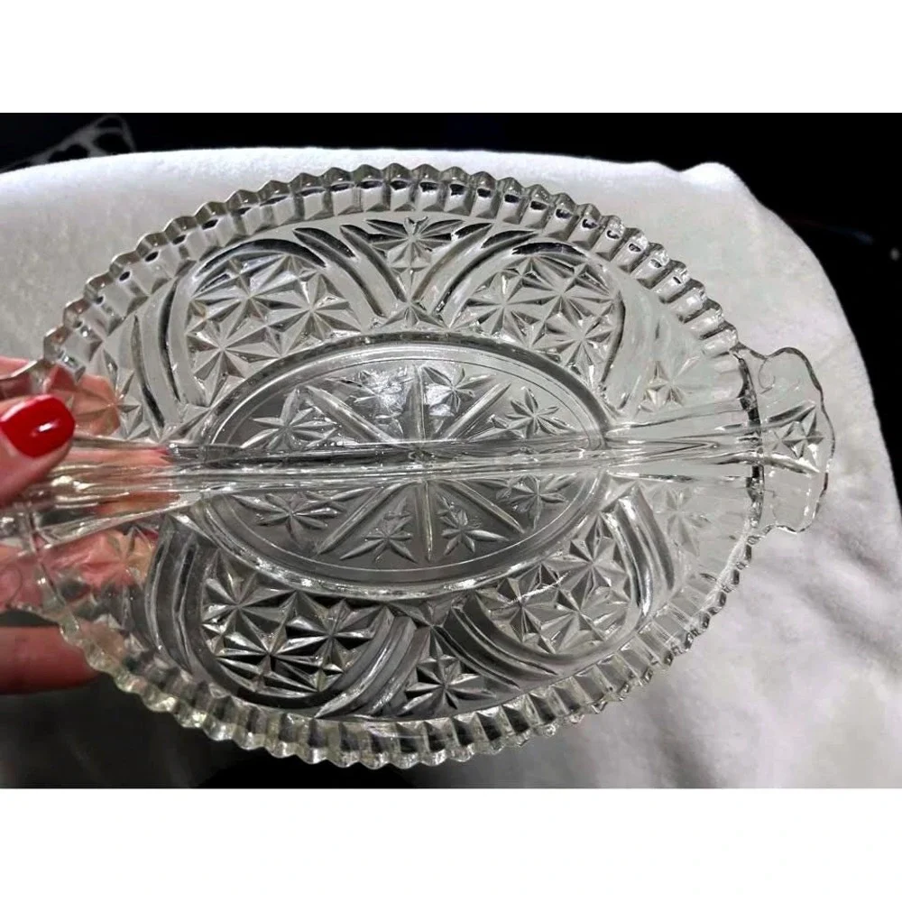 Vintage Anchor Hocking Stars and Bars Divided Rainbow Dish Thousand Line Pattern